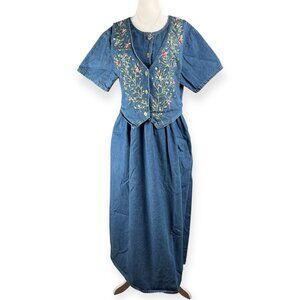 RAMA USA Denim Dress Women’s Large Blue Embroidered Vest Layer Cottagecore Boho